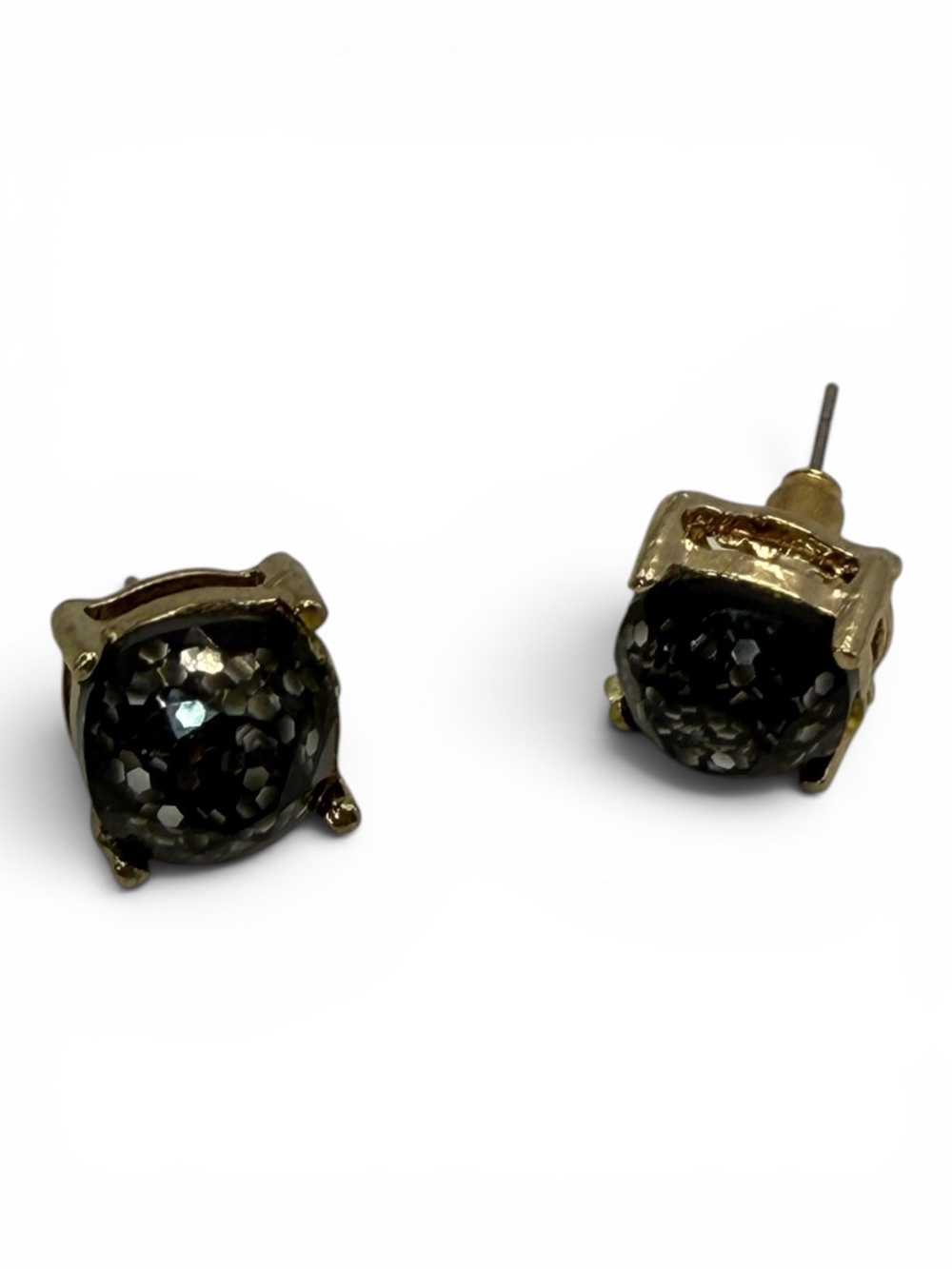 Gold-tone Stud Earrings with Black Glitter Faceted Domes